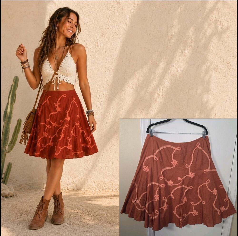 Women's Cotton Crinkle Skirt Sz 16W Boho Prairie Terracotta Peasant Romantic